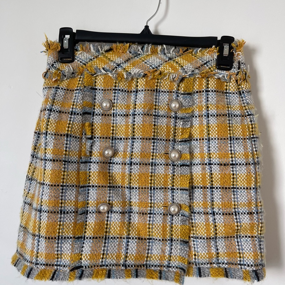 Sans Souci yellow distressed plaid skirt
